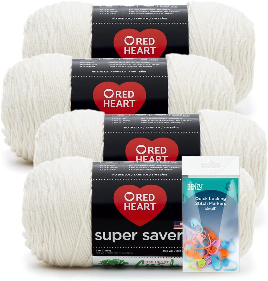 Hot Red - Red Heart Super Saver Yarn 4 Pack (7oz Each) Bundled with Benzy Stitch Markers (20ct) for Knitting, Crocheting, Craft Projects, and Gifts