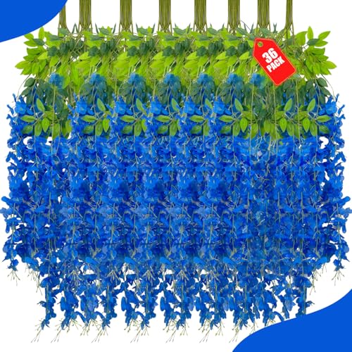 36 Pack Royal Blue Wisteria Hanging Flowers, 3.44 Ft Fake Hanging Flowers, Artificial Wisteria Garland Vines for Wedding Room Backdrop Outdoor Patio Garden Decoration