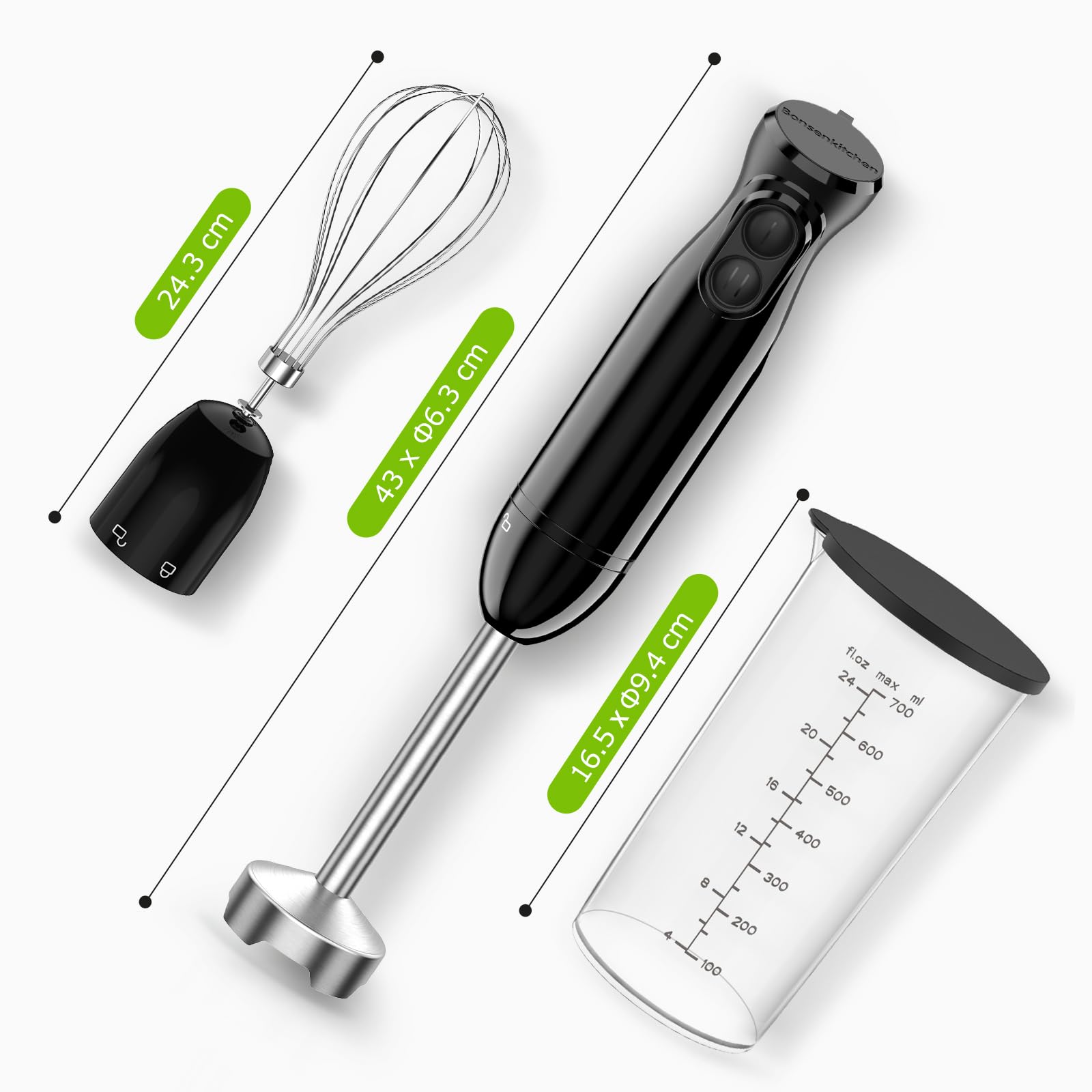 Bonsenkitchen Hand Blender, 3-in-1 Immersion Blender handheld, Stick Blender Electric with Stainless Steel Blade, Egg Whisk, 700ml Beaker for Making Baby Food, Soups, HB3202 (Black)