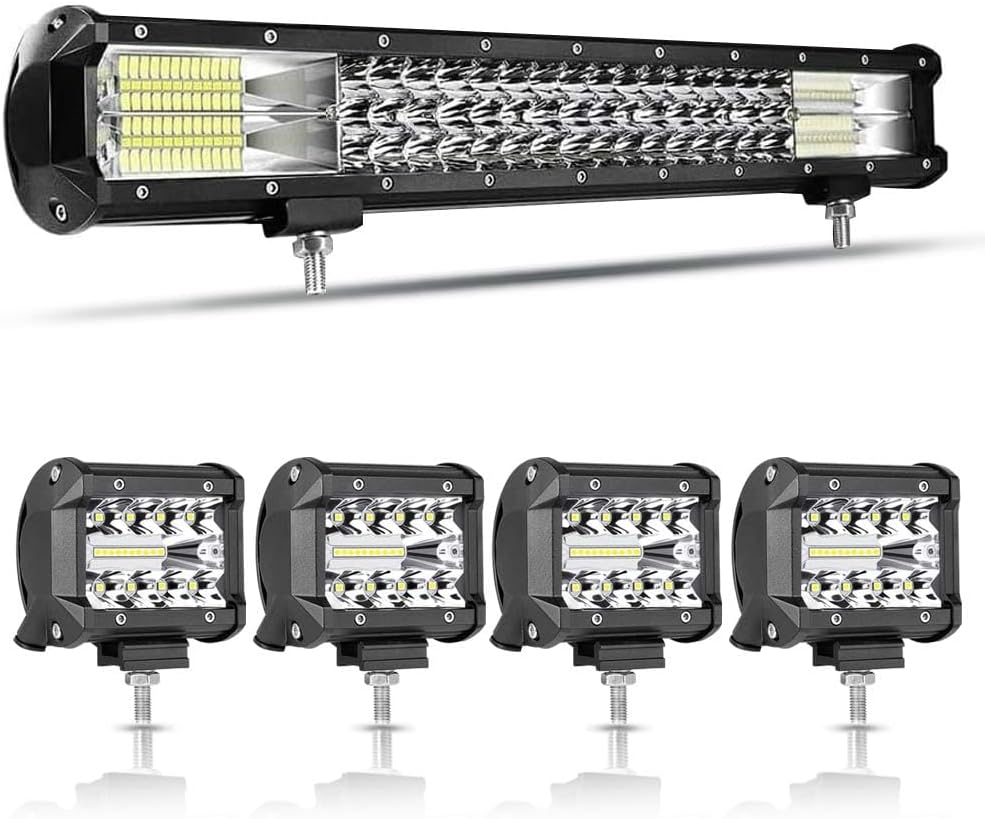 LED Light Bar Kits, 20 Inch 288W 28000LMS Led Spot Flood Combo Light Bar, 4PCS 4 Inch 60W Tractor Lights Pods Off Road Driving Work Fog Lights for Truck ATV Pickup Cart Snowplow Boat Bus Lighting