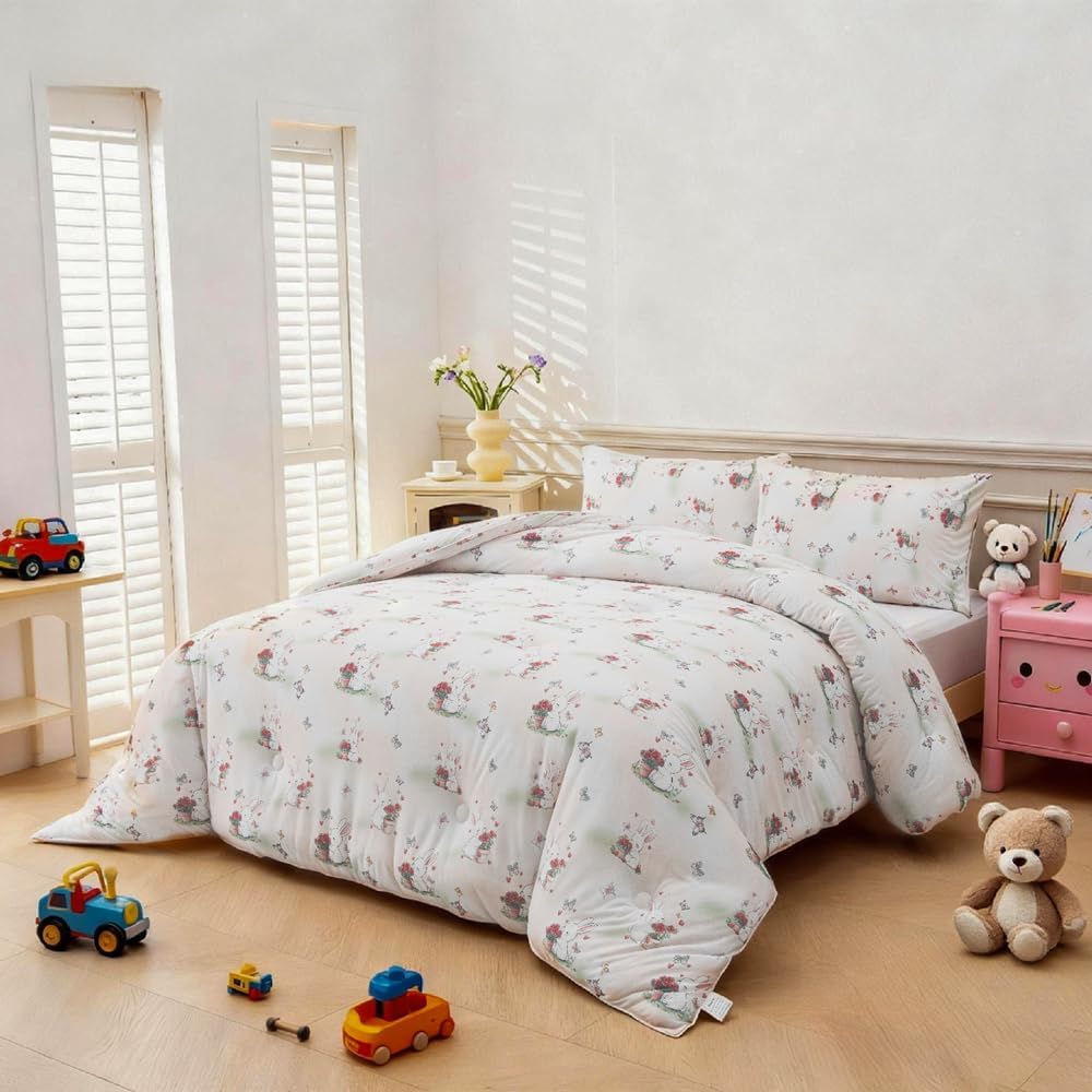 Ultra Soft Kids Comforter Set Thick Fluffy Comforter with Pillowcases Bunny Floral Bed Set Toddler Size Kawaii Cartoon Bedding Set for Girls Boys Baby(Bunny,Toddler)