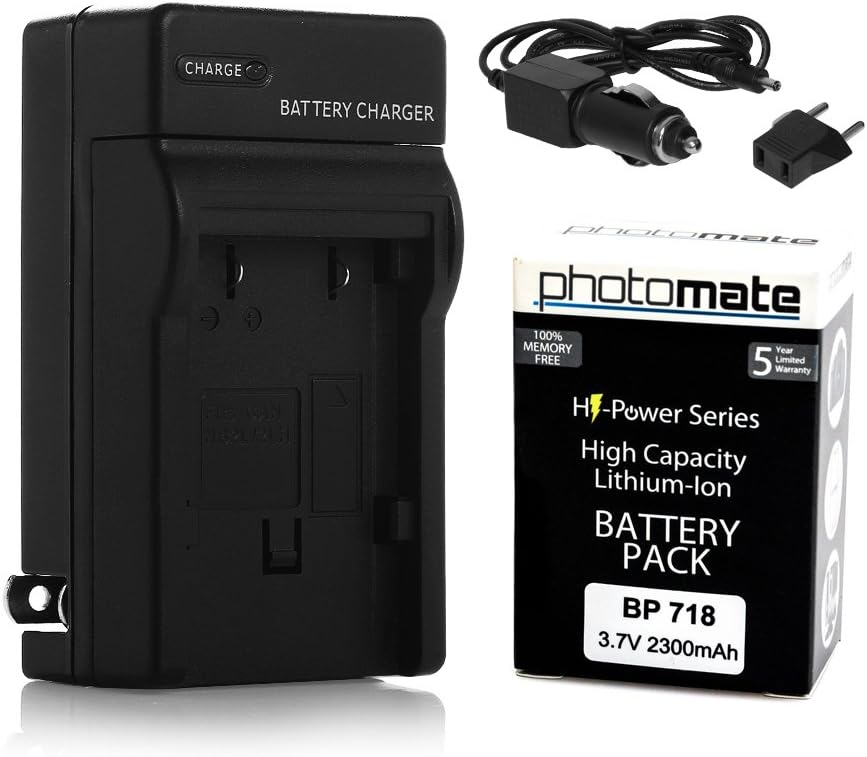 PhotoMate BP-718 BP718 Ultra High Capacity Rechargeable Battery (2300mAh) + Rapid Home AC Wall Charger + Car Adapter + Euro Plug for Canon VIXIA HF R30, R32, R300, R40, R42, R400, R50, R52, R500, M50, M52, M500, HFR30, HFR32, HFR300, HFR40, HFR42, HFR400, HFR50, HFR52, HFR500, HFM50, HFM52, HFM500, LEGRIA M56, M506, R36, R38, R306, HFM56, HFM506, HFR36, HFR38, HFR306 Video Camera / Camcorder