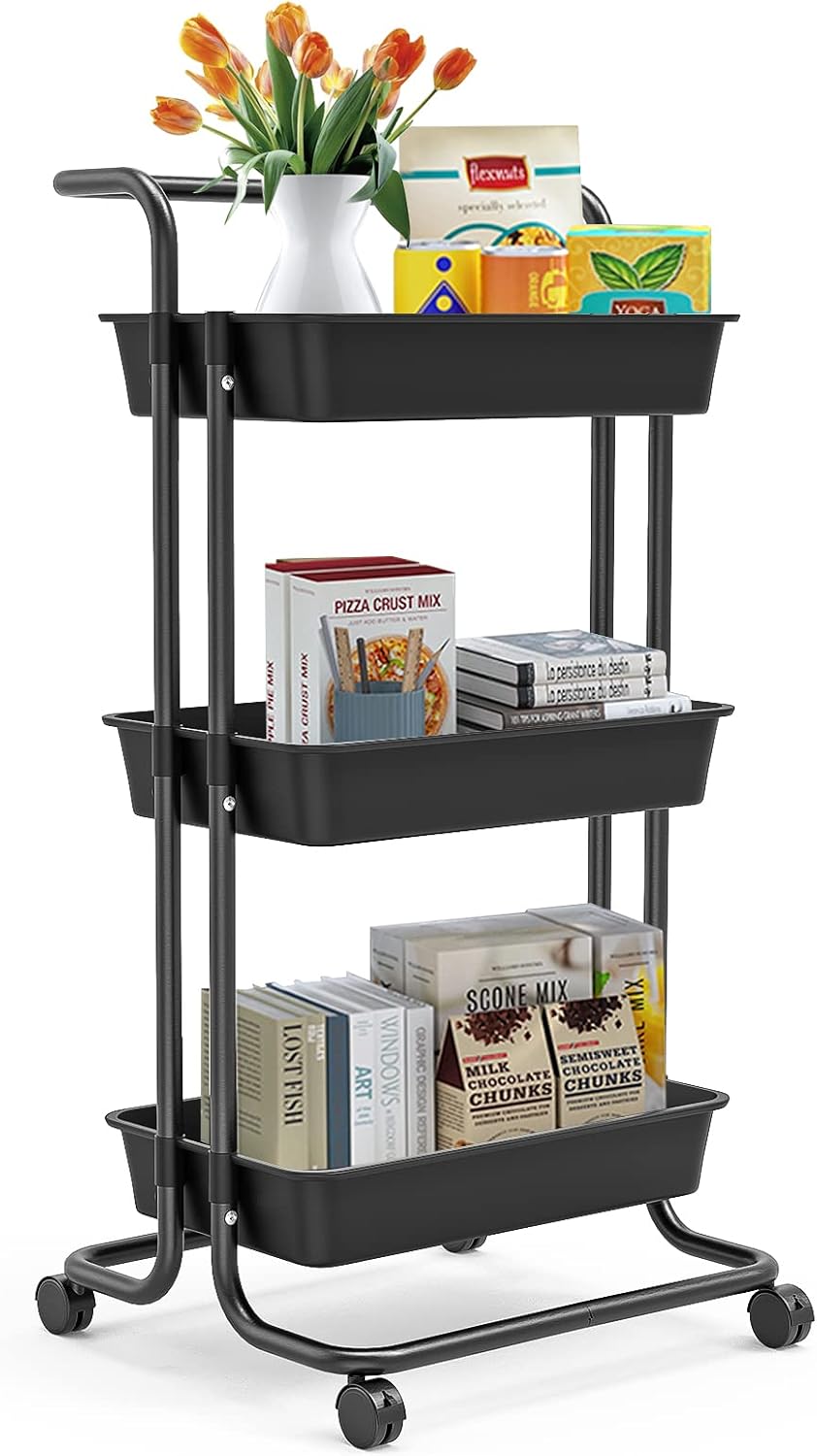 Mckuk 3-Tier Rolling Utility Cart with Wheels, Multi-Function Storage Cart with Lockable Wheels and Mesh Basket, Perfect for Use in Your Kitchen, Bathroom or Living Room or Balcony,Black