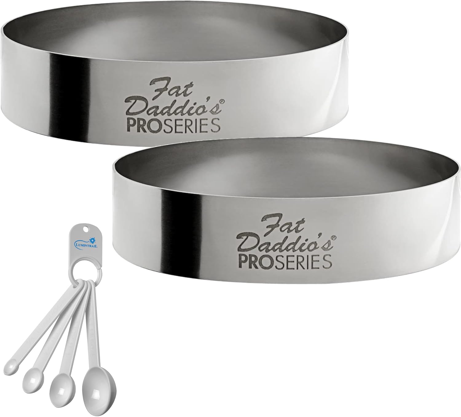 Fat Daddios Stainless Steel Round Cake and Pastry Ring | 4 Pack | 6 Inch x 2 Inch | Hand-Welded and Polished Smooth | Bake, Freeze, Cut, Form, Mold, and Craft | with a Lumintrail Spoon Set