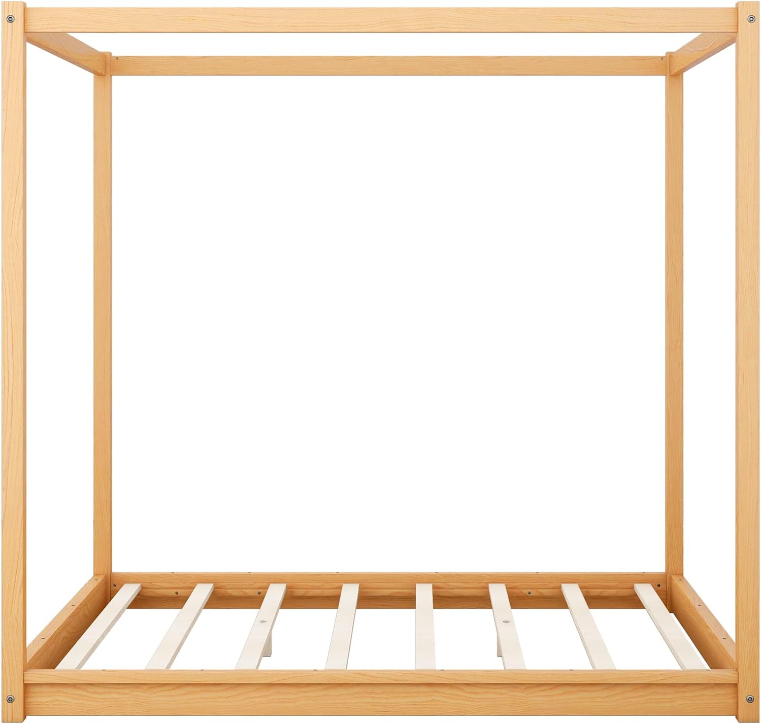 Canopy Daybed with 4 Post, Wood Bed Frame with Support Legs, Floor Play House Bed with Solid Construction for Teens Boys Girls, Can be Decorated, No Box Spring Needed (Natural, Queen)