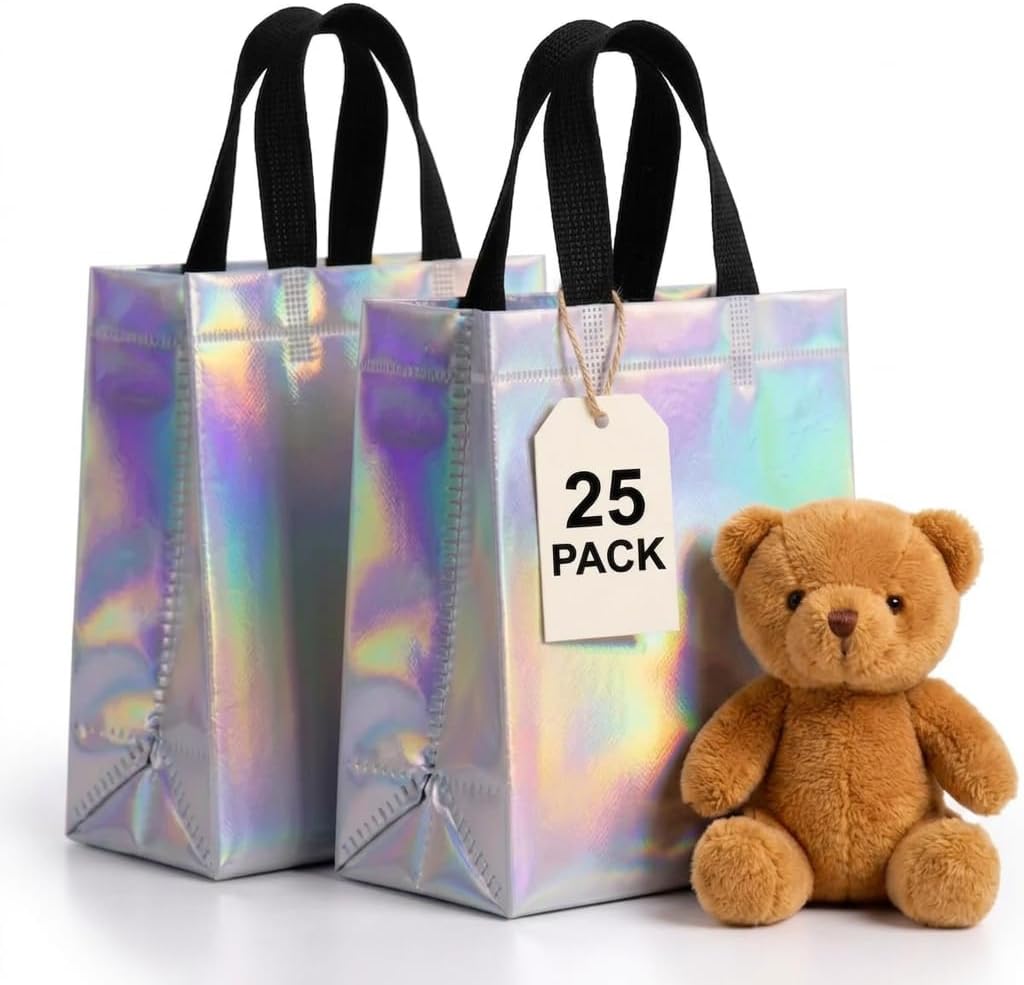 JCBZAMZ Iridescent Reusable Gift Bags with Handles 25 Pack-Holographic Rainbow Small Party Favor Goodie Bags Bulk,Eco-Friendly Non-Woven Treat Bags for Birthday,Wedding,Baby Shower,Valentine's Day