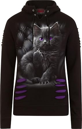 Spiral - Cattitude - Large Hood Ripped Hoody Purple-Black