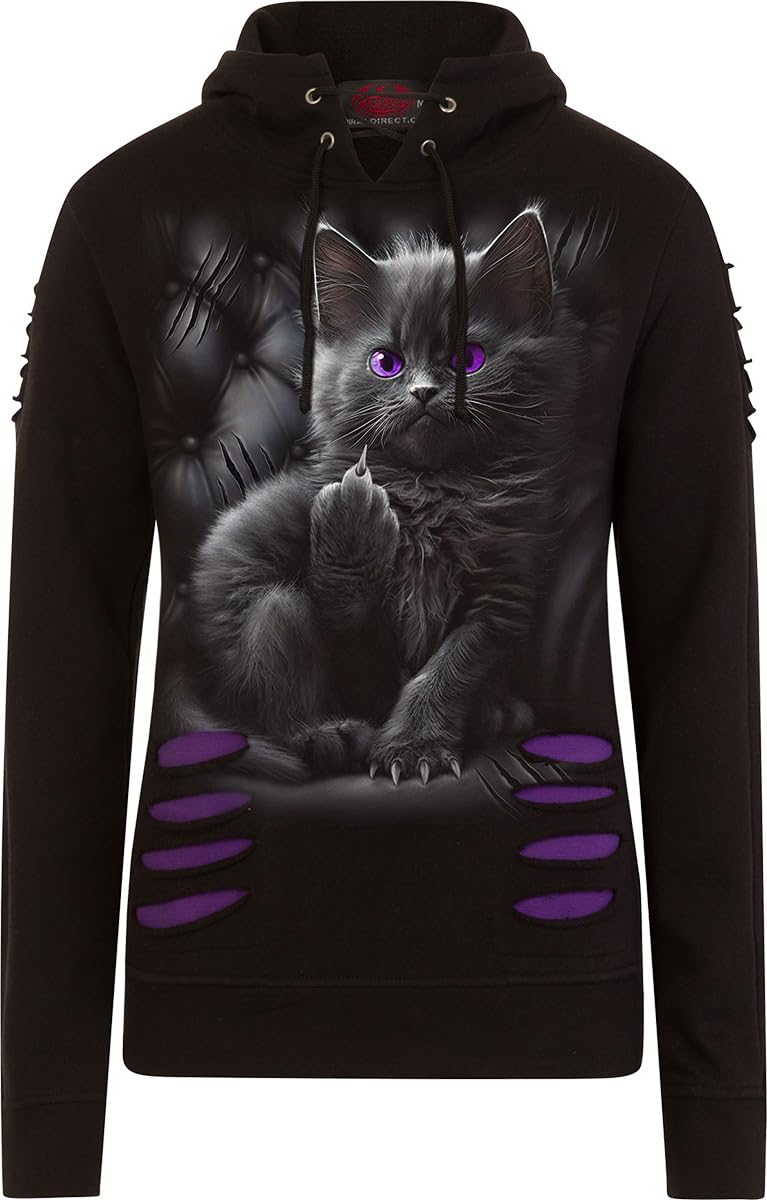 Spiral - Cattitude - Large Hood Ripped Hoody Purple-Black - M
