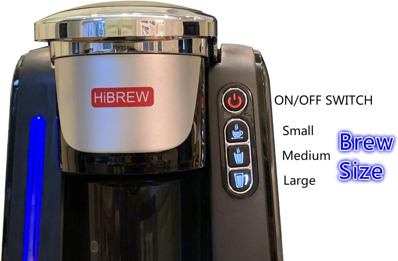 Control panel of HIBREW coffee maker showing power and brew size buttons