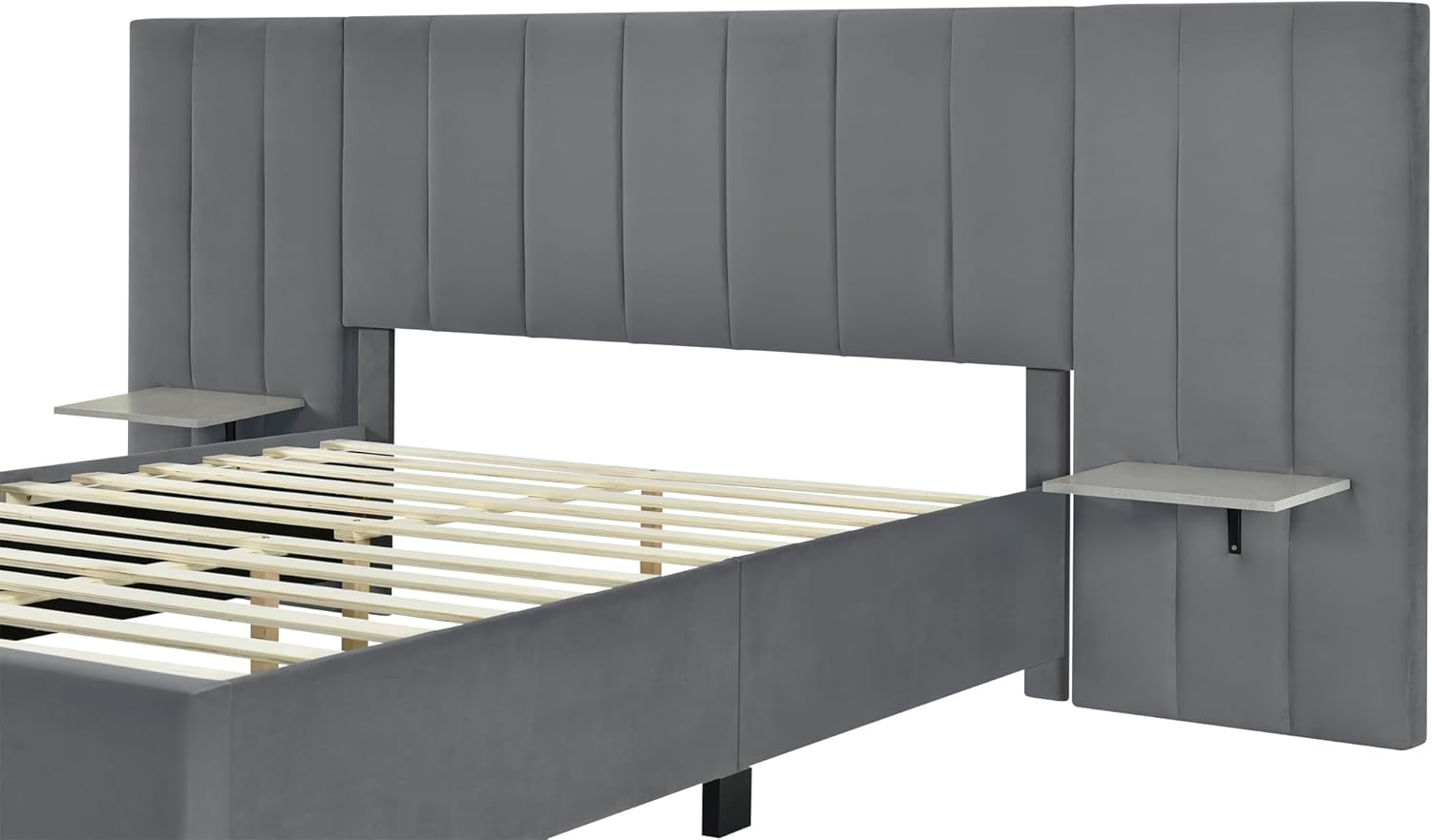 Merax Queen Platform Bed with Big Headboard, Queen Size Velvet Upholstered Bed Frame, Wood Slat Support, No Box Spring Needed, Gray
