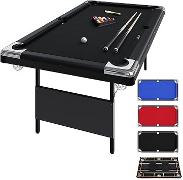 GarveeLife 6 Foot Pool Table, Folding Pool Table, Portable Billiards Tables Includes Full Set of Billiard Balls, 2 Cue Sticks, Chalk & Felt Brush for Family Game Room