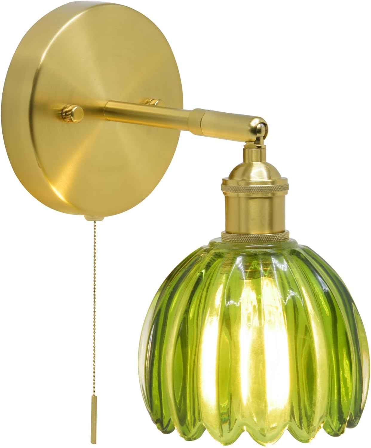Vintage Modern Green Tulip Wall Sconce with Pull Chain Switch, Green Glass and Brass Metal Frame, 90 Degree Adjustable Lampshade, Living Room Bedroom Hallway