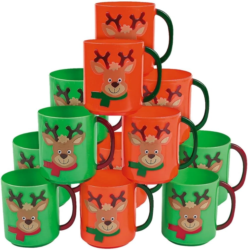 Fun Express 12 Pieces Plastic Holiday Reindeer Mugs, Holds 8 oz, Christmas Party Supplies, Green & Orange