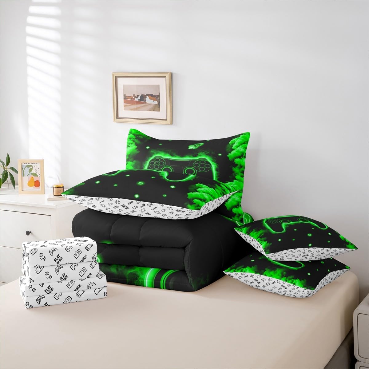 Feelyou Boys Girls Gamer Bed in A Bag Full Size, Galaxy Gaming 7 Pieces Bedding Set Modern Game Console Comforter Set with Sheets Kids Ombre Gamepad Teens Bed Set Bedroom Decor 7Pcs