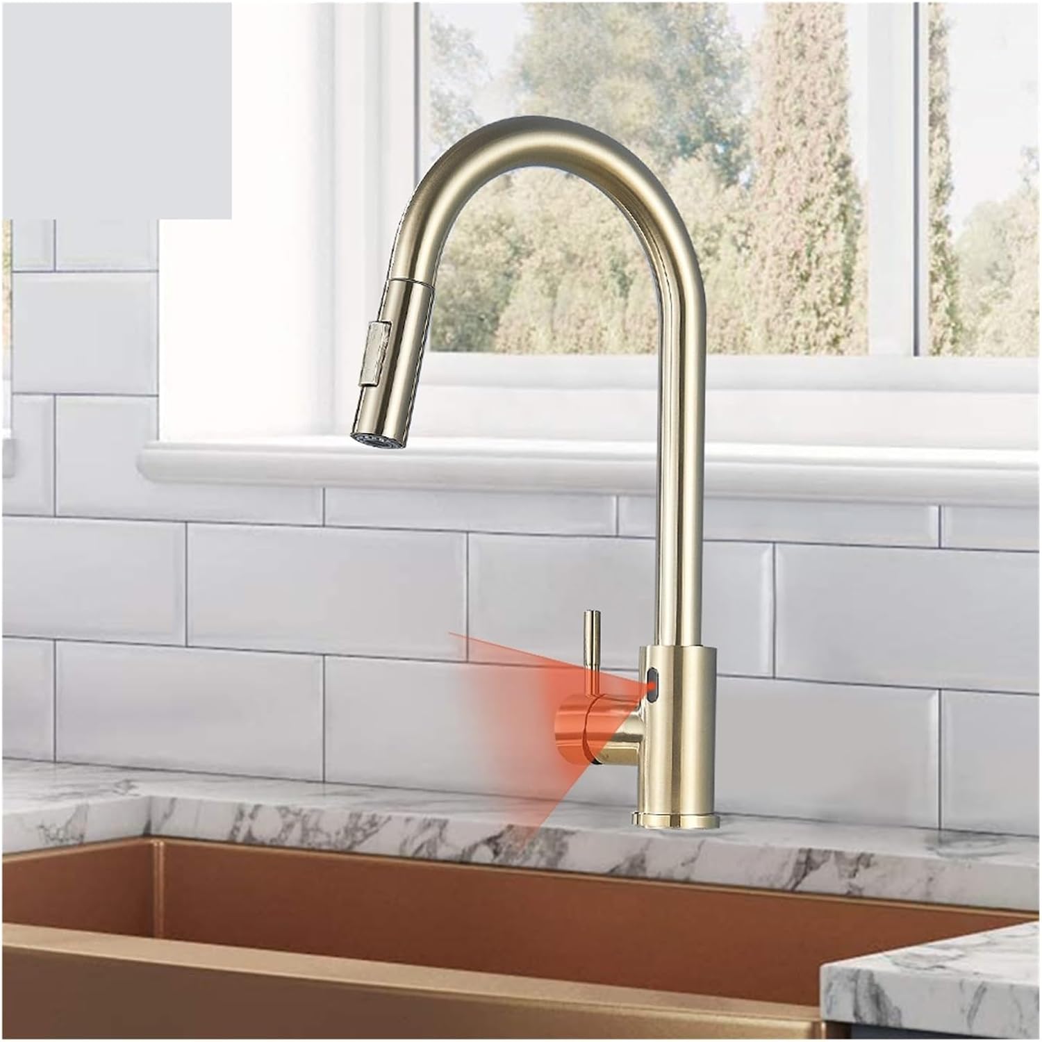 Pull Out Sensor Kitchen Faucet Brushed Infrared Sensor Control Faucet Mixer 2 Functions Battery Powered(Brushed Gold)