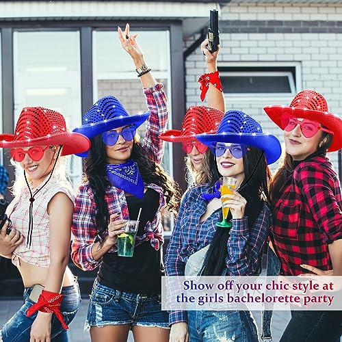 Image of Shihanee 18 Pcs Light Cowboy Hat Space Cowgirl Hat LED Flashing Hat with Heart Glasses Western Costume Paisley Bandanna