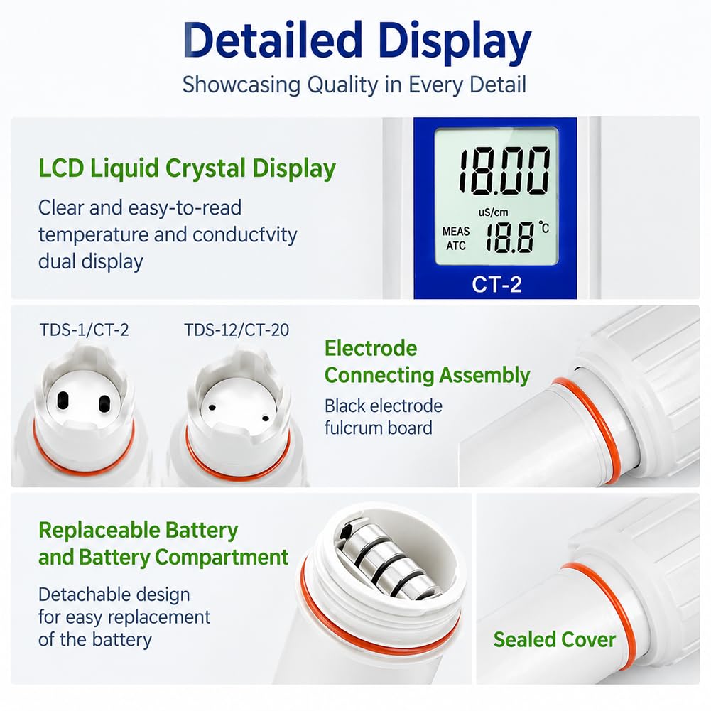 Medidor de conductividad portátil CT-2, probador EC con Pantalla de Temperatura