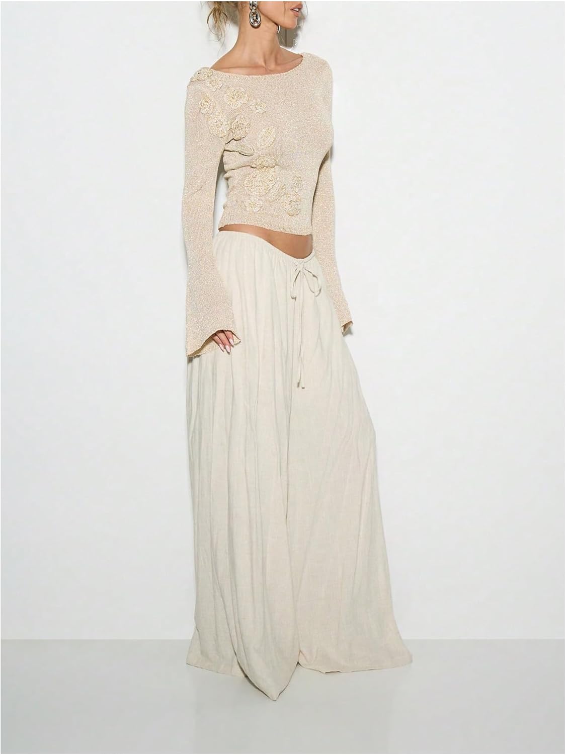 MakeMeChic Women's Lightweight 3D Flower Bell Sleeve Sweater Boat Neck Knit Pullover Tops