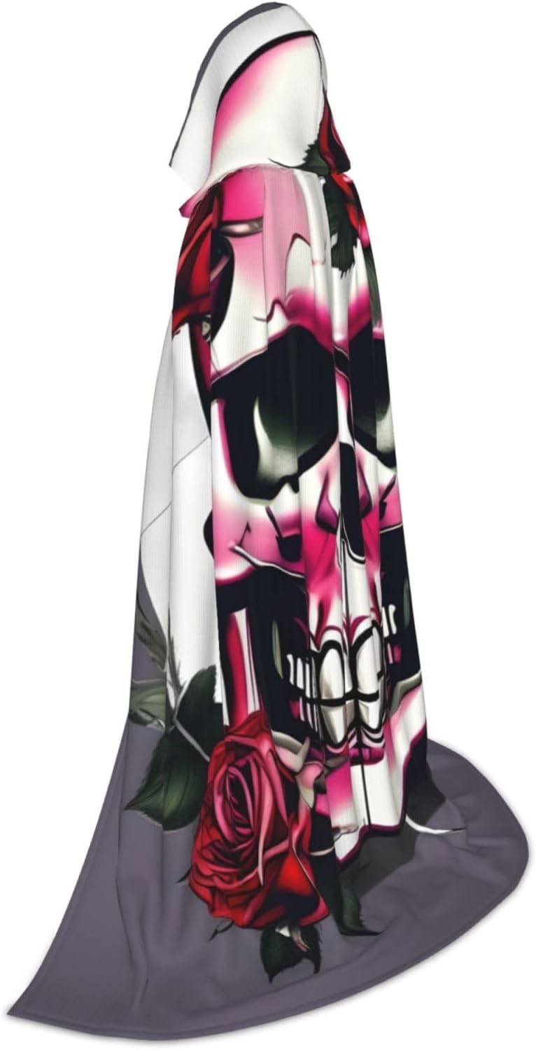 Rose Skull print Wizard Hooded Robe Medieval Cape Renaissance Cloak for Men Women Halloween Costume
