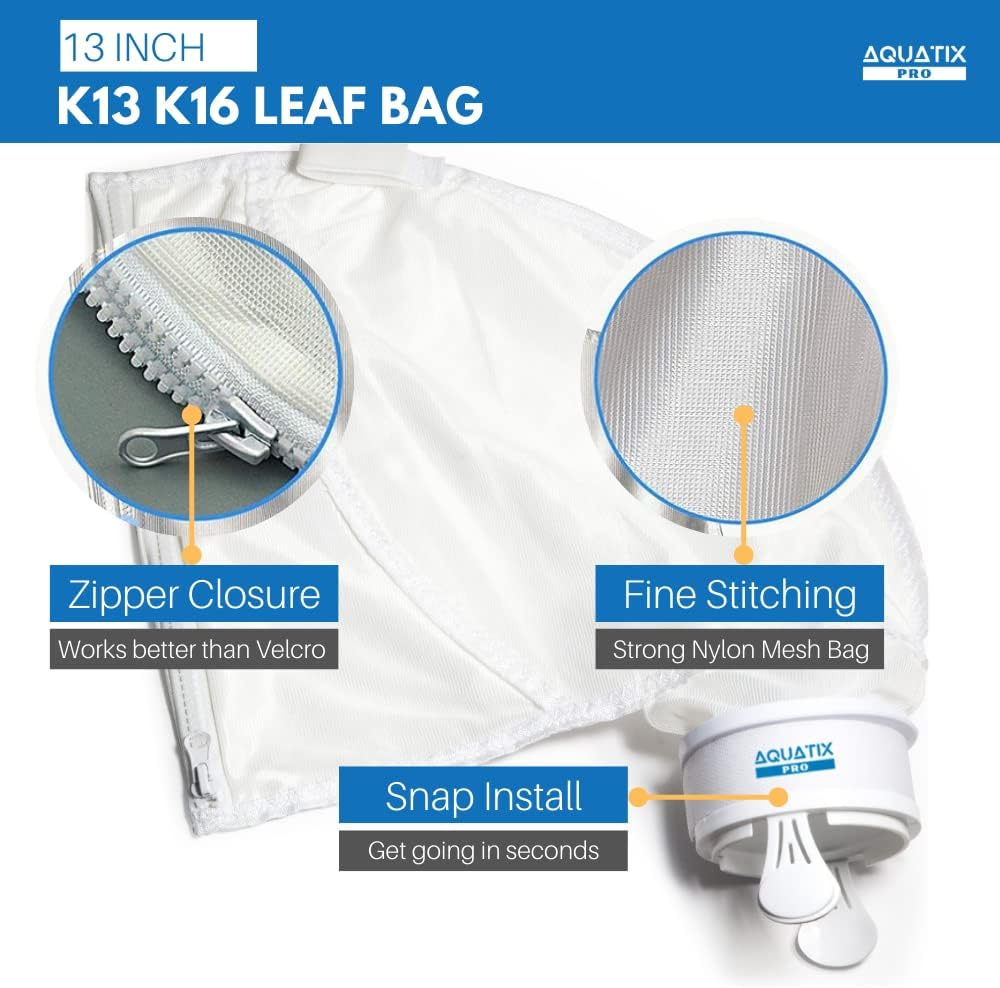 Aquatix Pro (1 Pack) K13 K16 All Purpose Zipper Replacement Bags Fits Polaris 280 & 480, Premium Pool Cleaner Bags, Finely Stitched Strong Mesh, Easy Snap Install Leaf Bags, Damage Free Enclosure