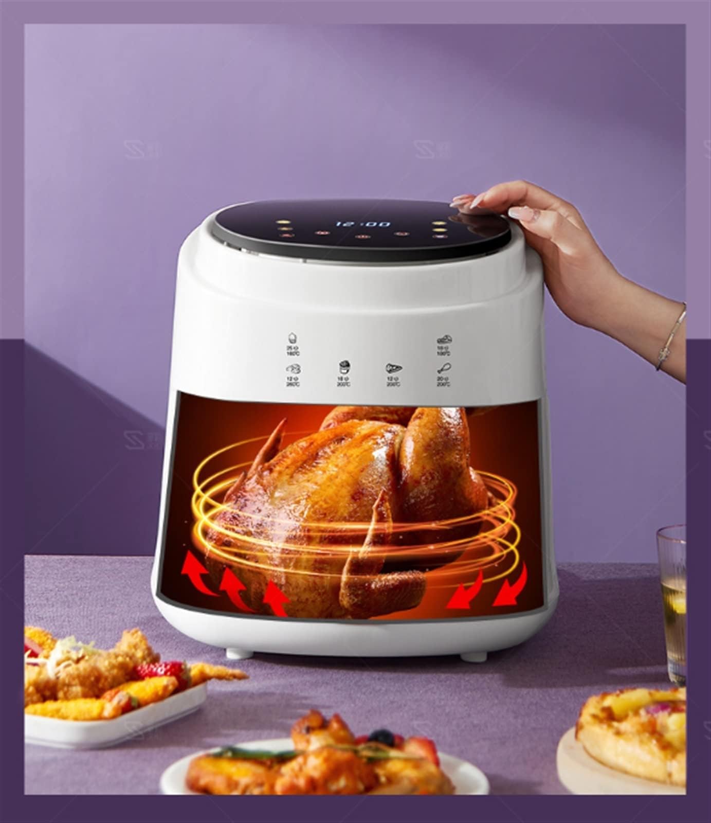 Horno freidora de aire con circulación rápida de aire, sin aceite, temporizador de 60 minutos, temperatura ajustable, cesta antiadherente, receta incluida, control inteligente para comidas familiares