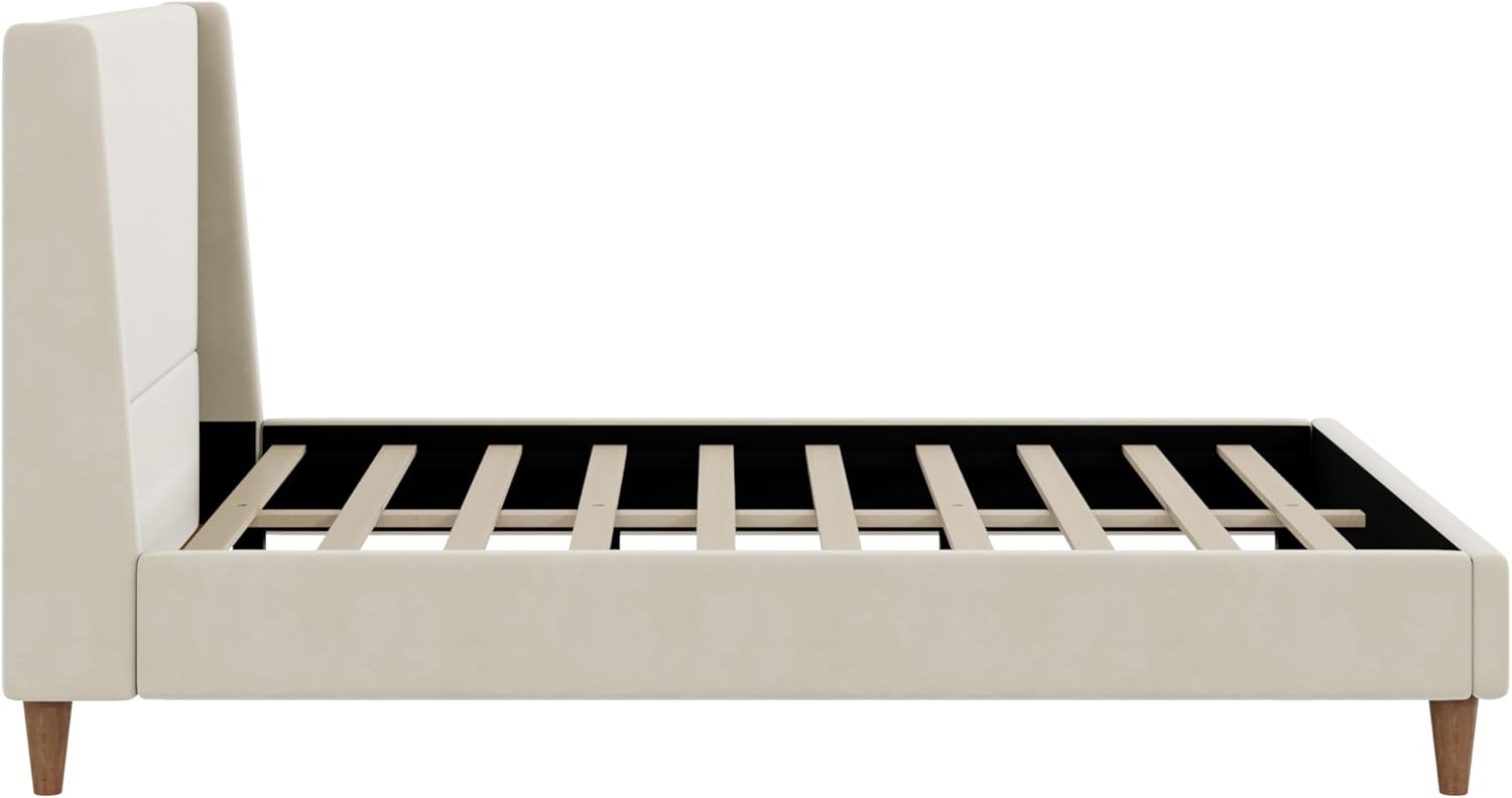 Modern Cream Queen Size Platform Bed Frame with Wingback Headboard,Velvet Upholstered Mattress Foundation with Wooden Legs and Strong Slats Support,No Box Spring Needed (Cream, Queen)