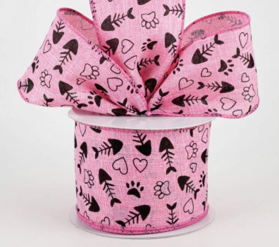 Pink Wired Linen Ribbon 2 1/2" Black Fish Bones Hearts Cat Paw Prints Pawprint Pet Feline Kitty Paws Dark Pink Stitched Wire Edged 2.5" 10 Yard Roll (30 Feet) Valentine's Day Cat Themed Ribbon