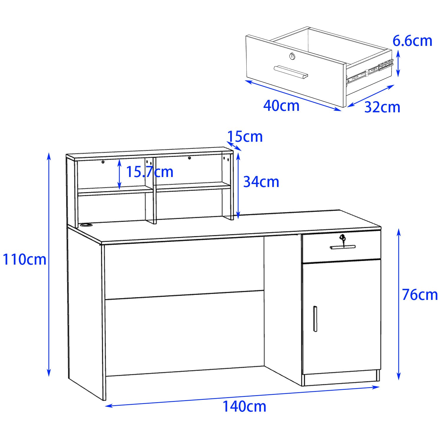 Rezeptionstheke, große Empfangstheken, Rezeptionstisch, Rezeptionstresen mit offenen Fächern, Rezeption, Rezeptionstheken, Büromöbel, Holzfarbe und weiß, 140 X 60 X 110cm, MDF