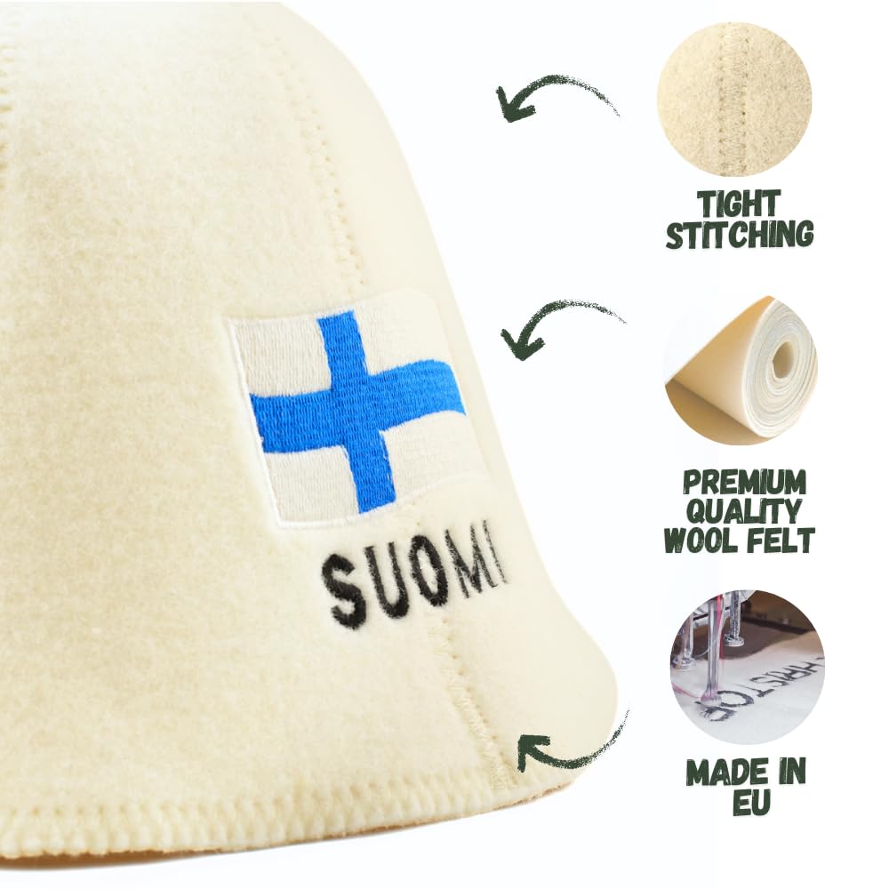 Naturalna czapka do sauny "Finlandia" biała – 100% wełna organiczna filcowa czapka do sauny dla mężczyzn i kobiet do rosyjskiej banii - chroni głowę przed ciepłem - w zestawie e-book