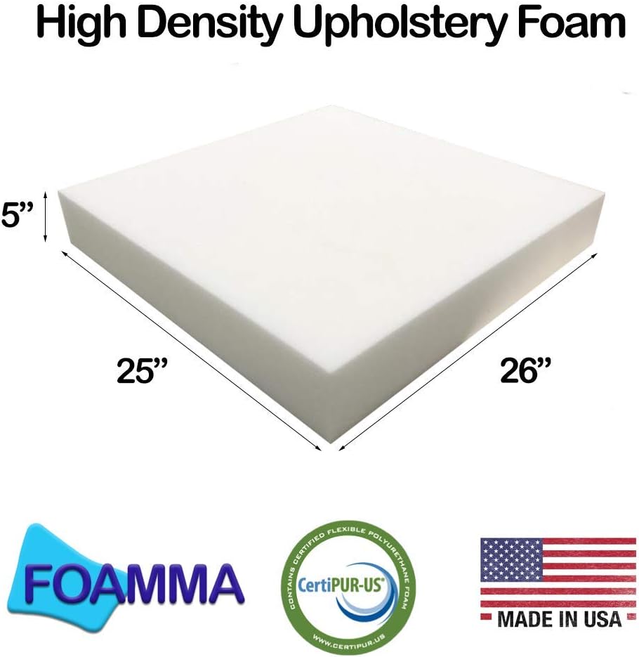 FOAMMA 5" x 25" x 26" High Density Upholstery Foam Cushion (Seat Replacement, Upholstery Sheet, Foam Padding) Made in USA