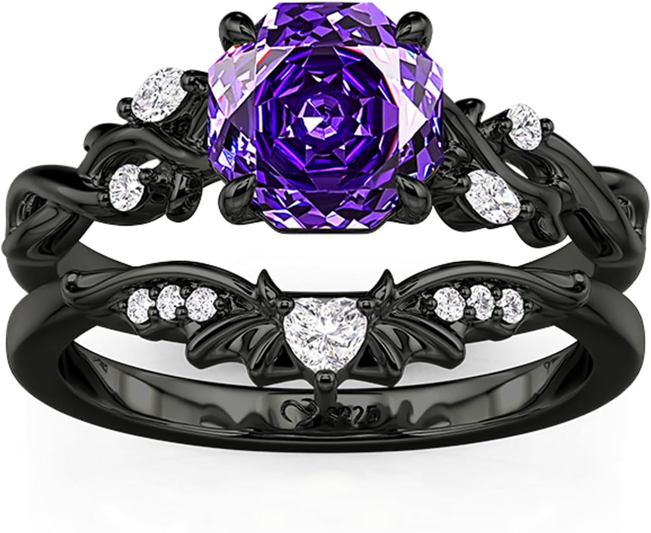 Jeulia 2PCS Wedding Ring Set for Women 1.5 ct Black Thorn Purple Rose Cut 925 Sterling Silver Gothic Bat Design Engagement Ring Vintage Jewelry with Gift Box