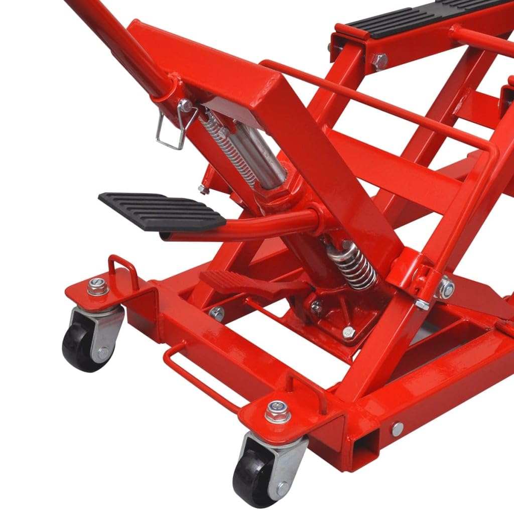 Plataforma hidráulica roja para motocicleta, 680 kg, de acero fundido, para taller, garaje, reparación, mantenimiento, ligero, ahorro de espacio, con ruedas, altura de elevación de 118 a 368