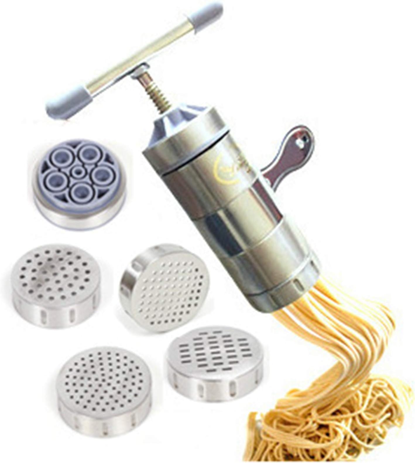 FLaig Kitchen Supplies Household Handheld Manual Noodle Maker Fruit Juicer, Multifunctional Metal Pasta Press, Includes 5 Interchangeable Noodle Molds, Making Spaghetti, Macaroni Noodles