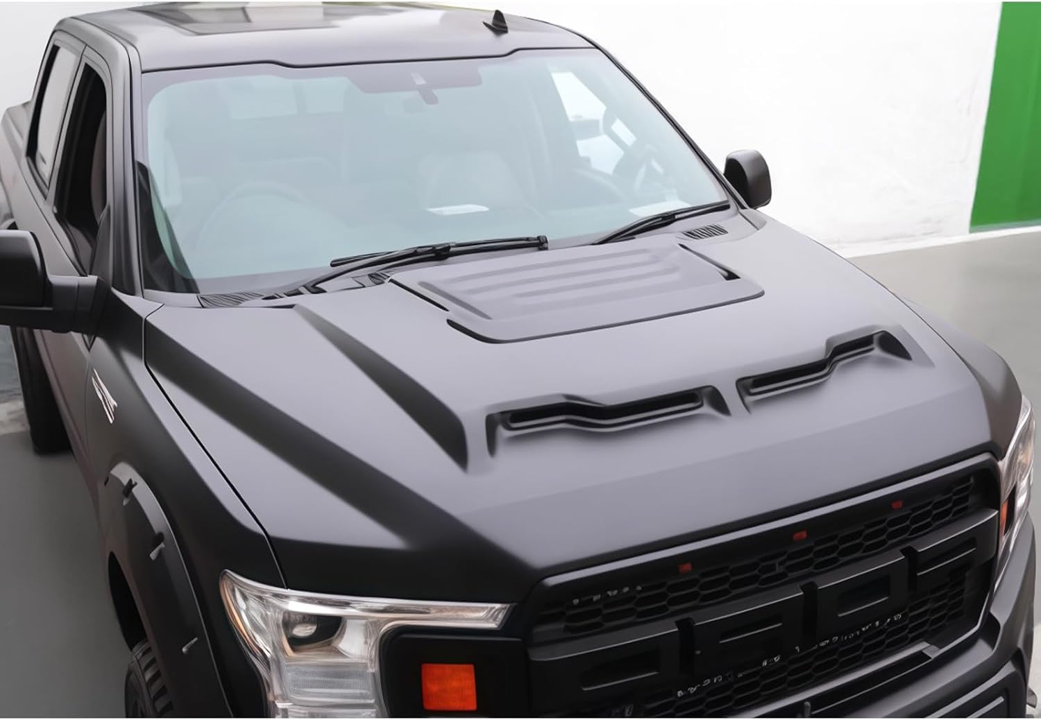 FREEMOTOR802 Front Hood Panel Fits 2015-2020 Ford F-150 (Excluding Raptor), Shelby Baja Style Iron Black Front Bumper Hood Replacement Engine Cover Bonnet Assembly (with Heat Extractor Ram Air)