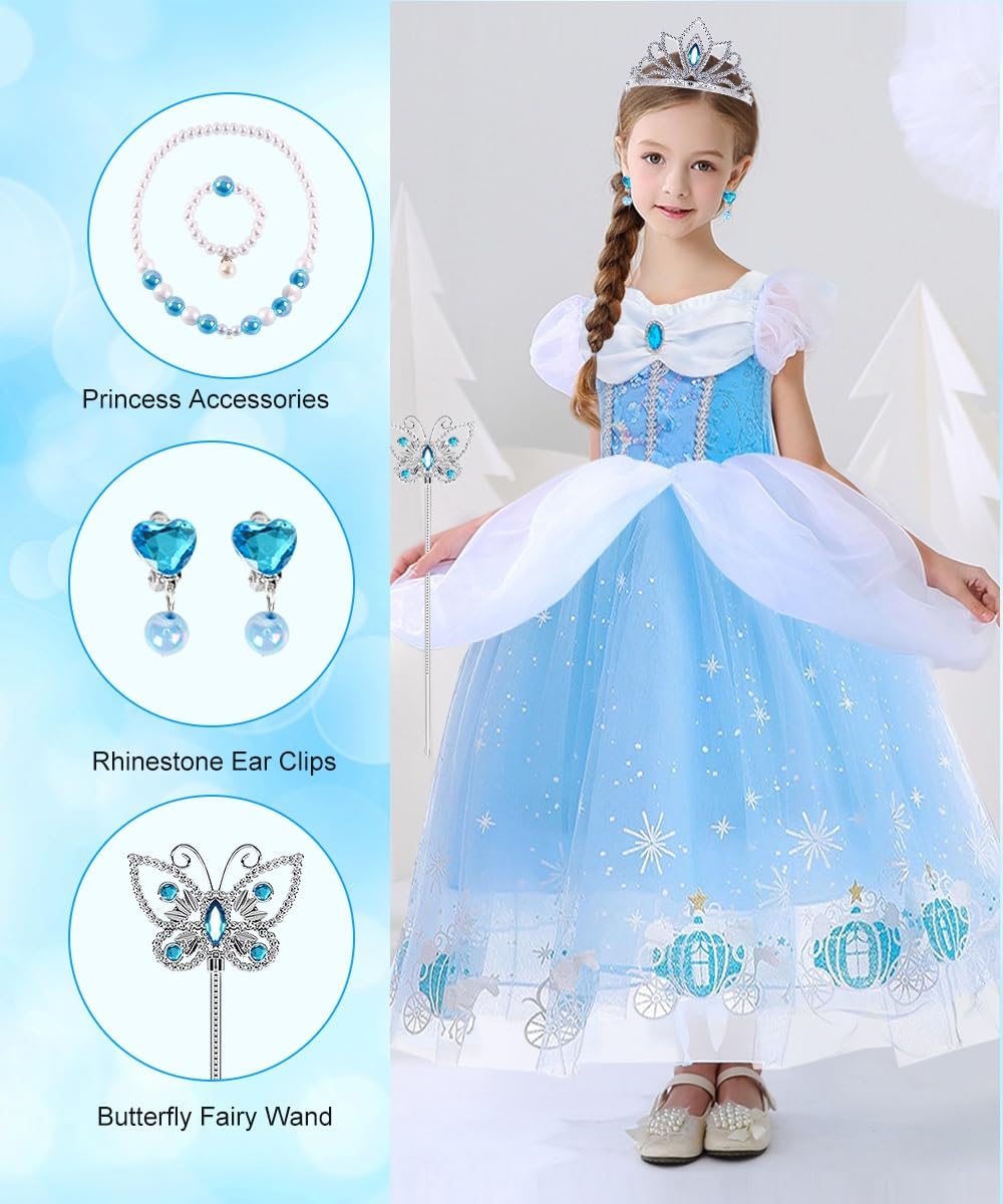 Vestito Cenerentola Bambina, Cenerentola Vestito Principessa con Set Corona Principessa, Cenerentola Costume Carnevale per Regalo Bambina, Vestito Cenerentola per Compleanno Cosplay