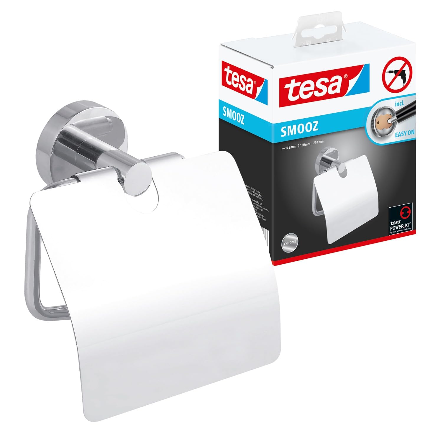 Tesa Uk Chrome Tesa® Smooz Toilet Paper Holder With Lid, High Gloss D Metal, Self-Adhesive, Adhesive Mounting Technology, 130Mm X 145Mm X 54Mm