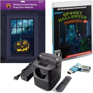 Reaper Brothers Spooky Halloween Digital Decoration Kit Includes 9 AtmosFX Video Effects for Halloween Plus HD Super Bright Projector and 48” x 72” Holographic Projection Screen