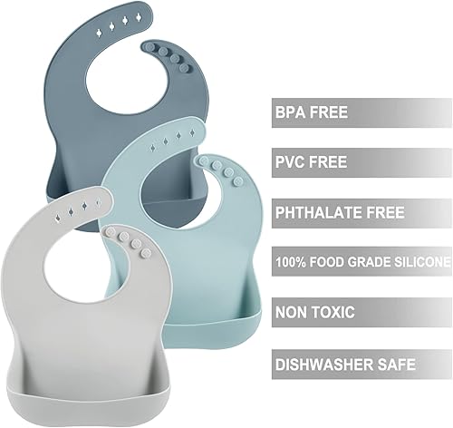 Miniatura 3 de PandaEar Paquete de 3 baberos de silicona para niños y niñas para bebés y niños pequeños, baberos ajustables e impermeables para niños y niñas,