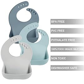 PandaEar 3 Pack Silicone Bibs for Boys Girls for Babies & Toddlers, Waterproof Feeding Bib with Large Food Catcher, BPA Free (Blue & Gray)