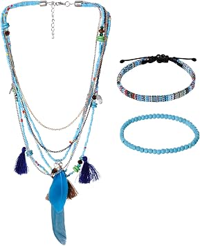 Boho Feather Turquoise Beads Necklace Boho Bracelets Set Turquoise Jewelry Set Halloween Costume Accessory Blue Elf Costume for Cosplay Theme Party Christmas 3Pack