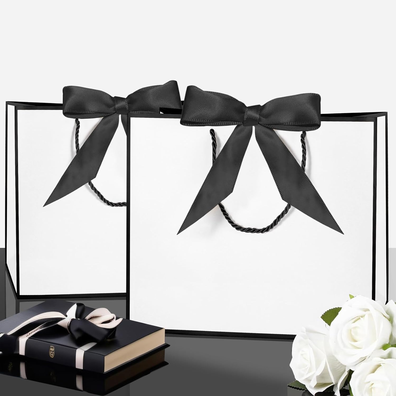 LDIWEE 12 PCS Black White Gift Bags with Handles, Bridesmaid Thank You Bags for Wedding, Elegant Gift Bags with Bow Ribbon Welcome Bags, Birthday, Baby Shower, Summer Vacation - Image 6