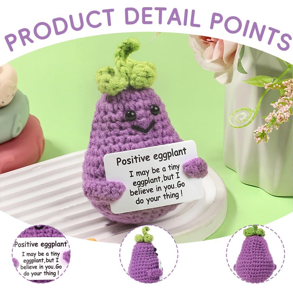 Zibuyu® Handmade Crochet Eggplant Toy Desk Decor with Positive Message Card 1