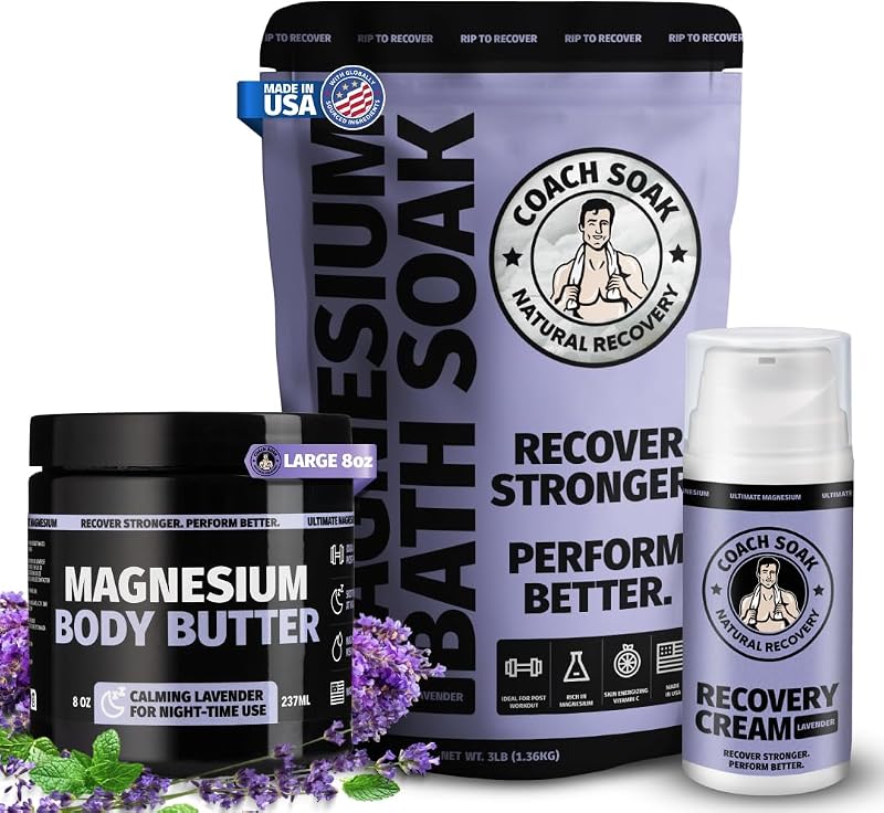 Coach Soak Conjunto de sais de banho de magnésio, manteiga corporal e loção — Lavender, Pacote com 3