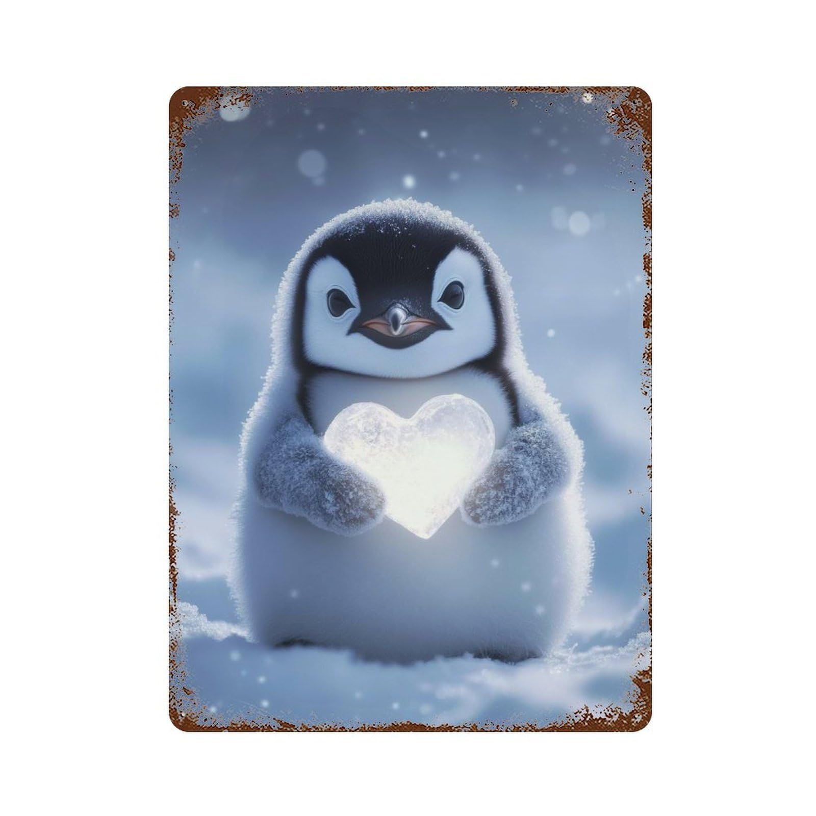 Rusty Metal Tin Sign with Penguin Holding Heart Design 15.7"x11.8", for Farmhouse, Kitchen And Entryway Decor, Rustic Home Decor