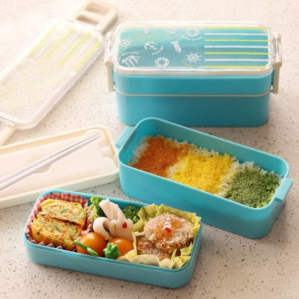 JINGYAN Boîte à bento Boîte à lunch Bento Box 2 Niveaux, de style marine boîte à lunch japonaise à double couche avec bac à glaçons frais de maintien - Micro-ondes et lave-vaisselle - Bleu Pastel