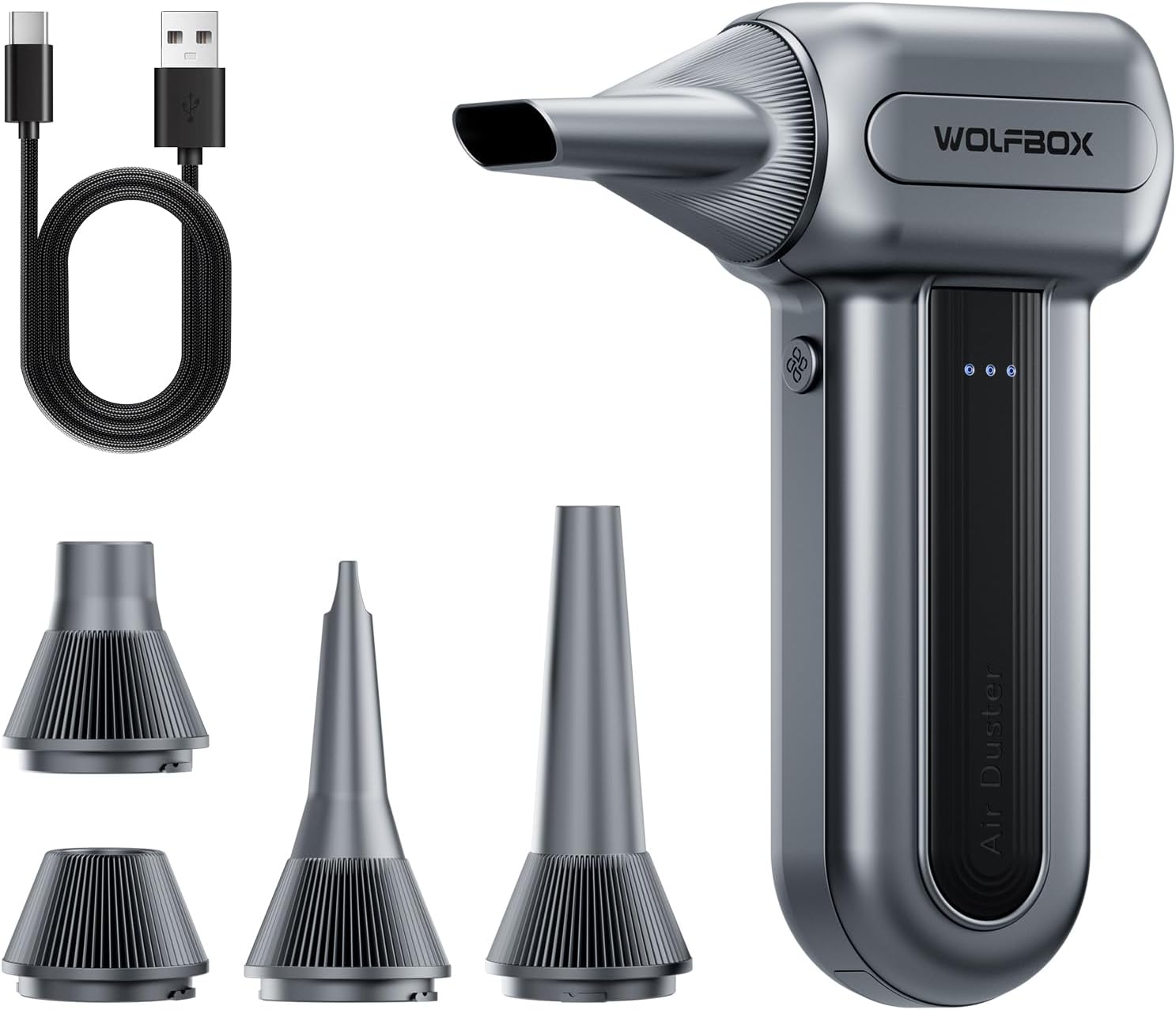 WOLFBOX MF70 Compressed Air Duster, 3-Speed Adjustable, Electric, Cordless | Extended Runtime, Electric, 3-Speed, Cordless, Fast Charging, PC Keyboard Cleaning, Car, Home, Gray, 0.5 lb Lightweight
