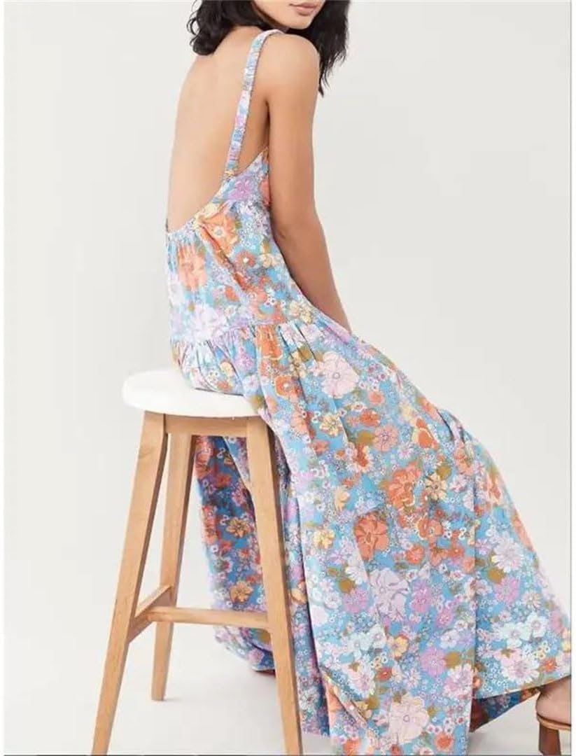 Women Summer Elastic Spaghetti Strap Casual Floral Print Backless Swing A Line Tank Dress