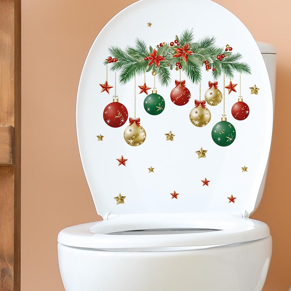 A Washroom Room WC Toilet Seat Stick Color Christmas Tree Leaves Balls Stars Xmas Pattern PVC Wall Door Window Fridge Stickers Decor Decals Art Mural