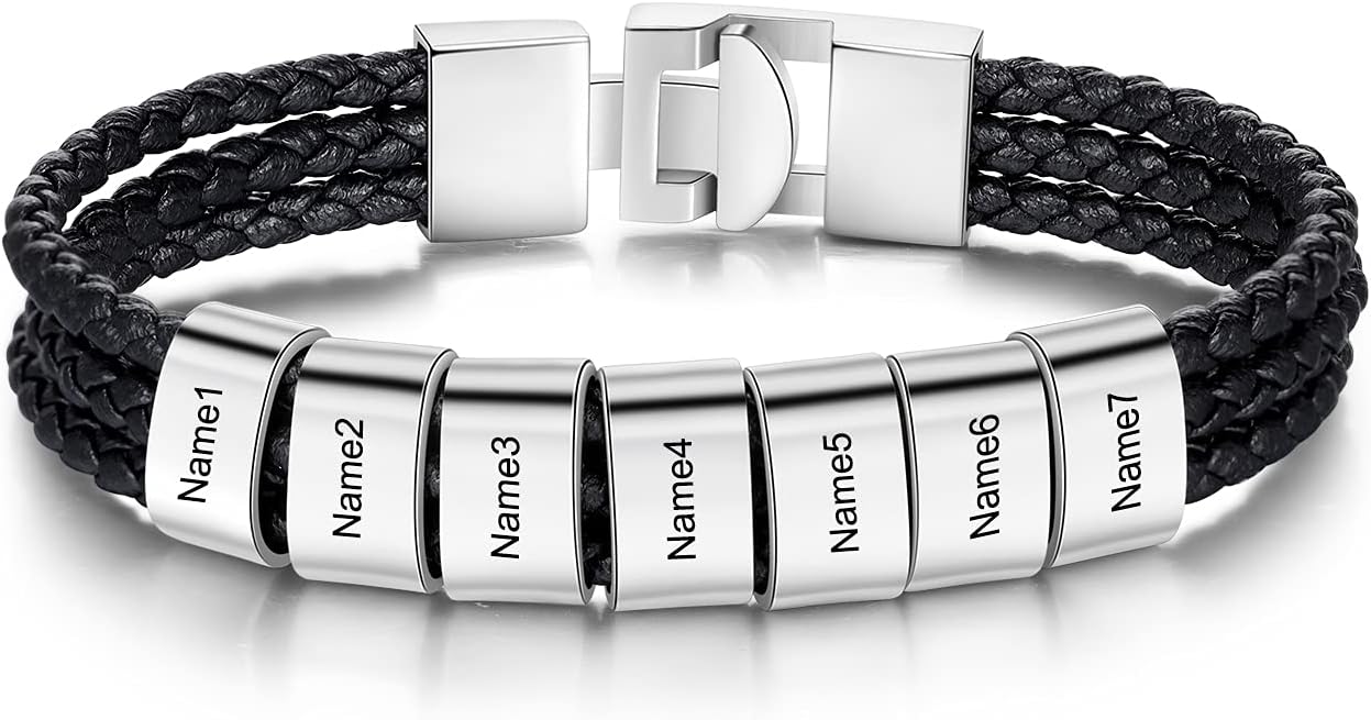 kaululu Personalized Braided Leather Name Bracelet with 1-8 Beads Custom Engraved ID Wrap Bracelets Father's Day Jewelry Gifts for Men Dad Husband Him (7 Names)
