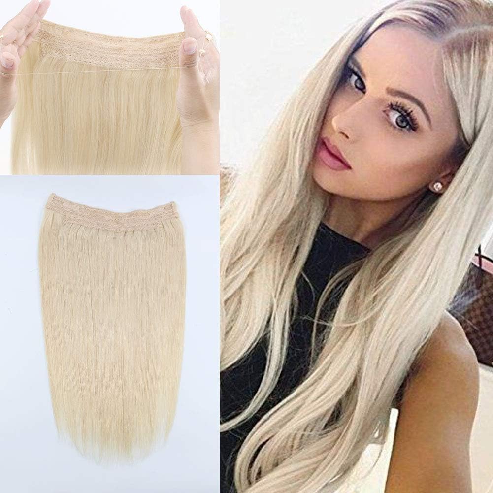 Lovrio 16" Halo Hair Human Hair #60 Platinum Blonde Flip in Hair Extensions Real Hair Without Clips Secret Fish Line Hairpiece for Women
